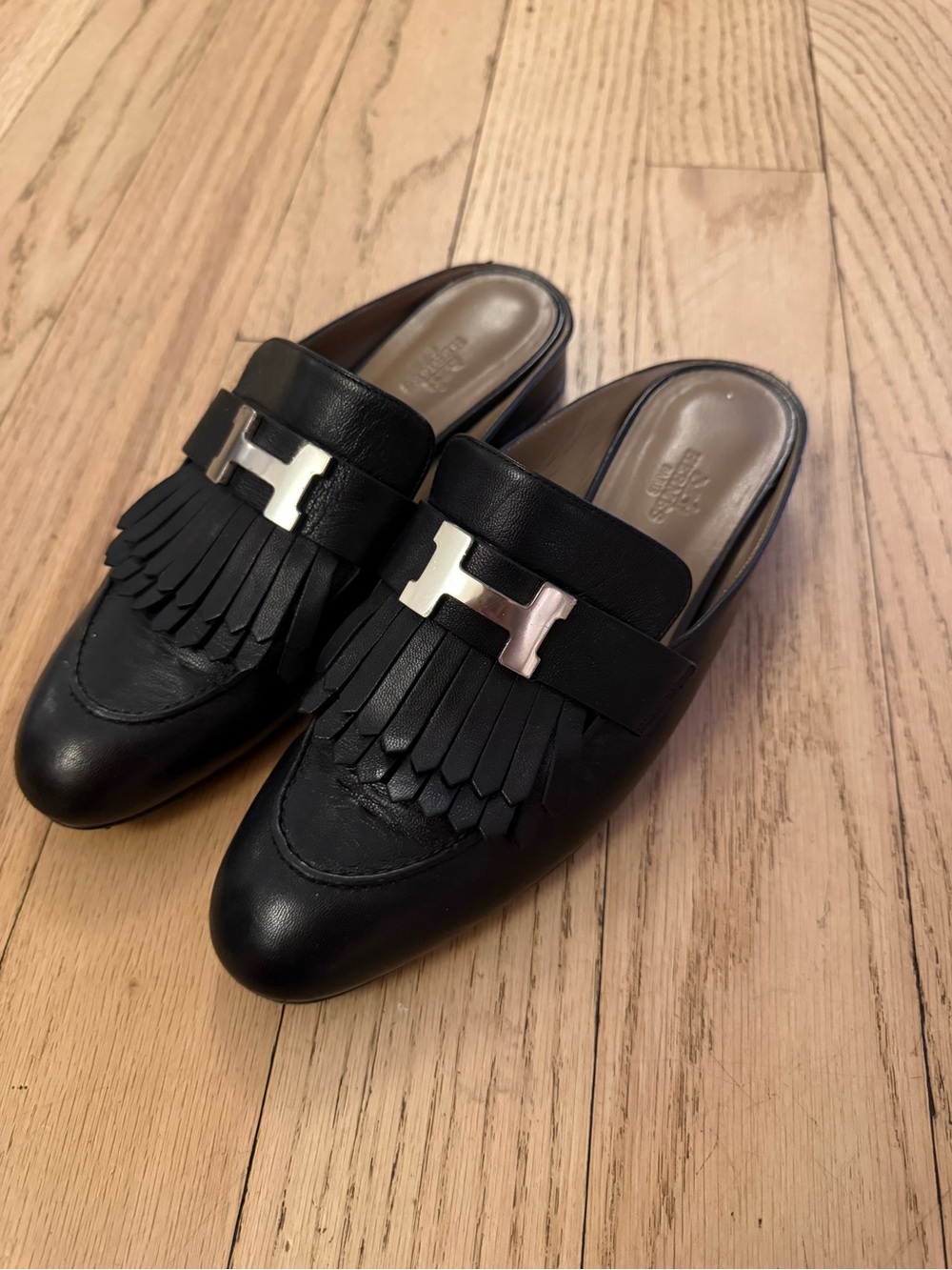 Hermes Black Leather Fringe Loafers with Silver Hardware - Picture 3 of 8